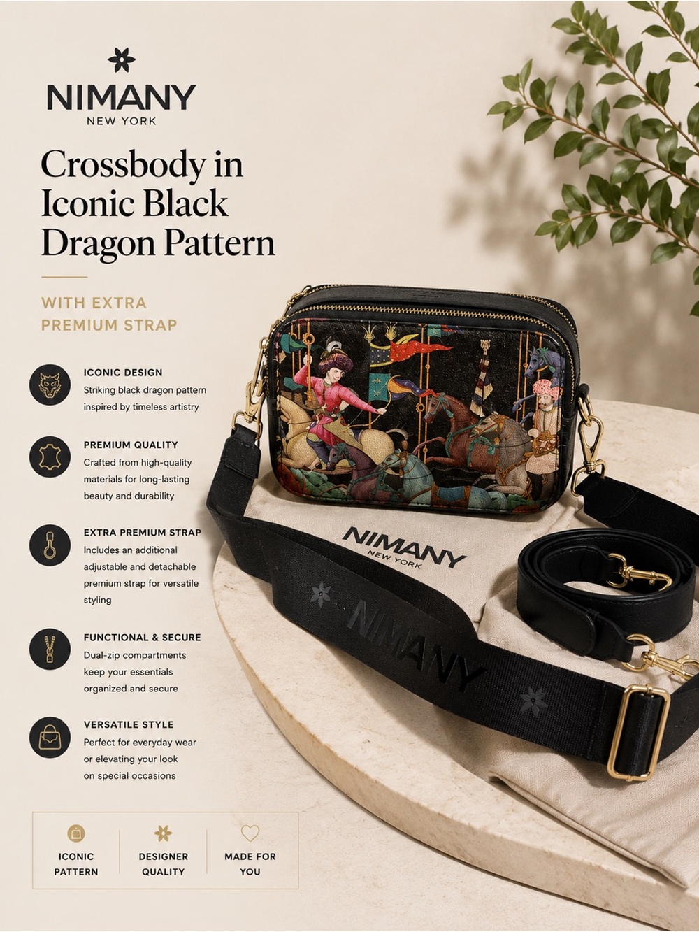 Designer NIMANY Crossbody in Iconic Black Dragon Pattern w. Two Premium Straps